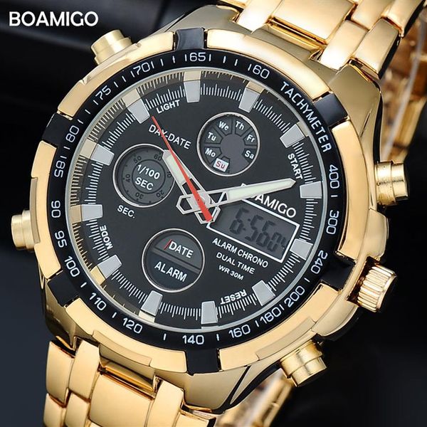 Boamigo Brand смотрит военные мужчины спортивные часы Auto Date Chronograph Gold Steel Digital Quartz.