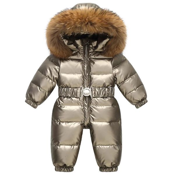 Rússia inverno crianças snowsuit brilhante ouro prata ao ar livre pato para baixo macacão grande gola de pele outerwear criança bebê macacão geral 231225