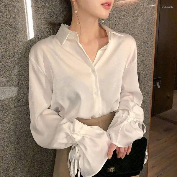 Blouses feminina Blusa de chiffon elegante para mulheres camisa de tamanho grande vintage Tops de manga longa de manga longa Use estilo coreano chique casual