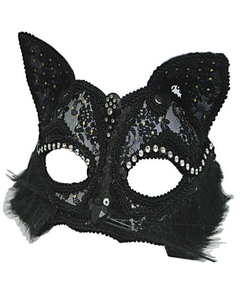 Maschera per travestimento veneziano Women039s Maschera per occhi in pizzo di gatto fantasia nera sexy glitterata Maschera per occhi in pizzo di gatto di Halloween HJ1207381121