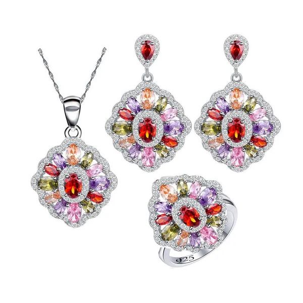 Conjuntos Sier Multicolor Topázio Ametista Safira Garnet Conjunto de joias para mulheres anel colar pingente joias de casamento