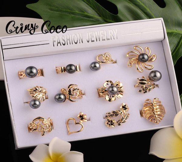 Cring Coco Anéis de pérola havaiana polinésia inteira banhada a ouro flor tartarugas marinhas conjunto de joias para presentes femininos 226866029