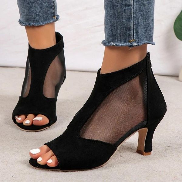 Sandalet Yaz Kadınlar 2024 Moda Balık Ağız Basit Siyah Mesh Roman Rahat Orta Topuk Bayan Ayakkabı