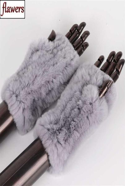 Donne 100 vere vera genuine di pelliccia di coniglio rex guanti inverno guanti senza dita guanti fatti a maglia mitten 2110268242380