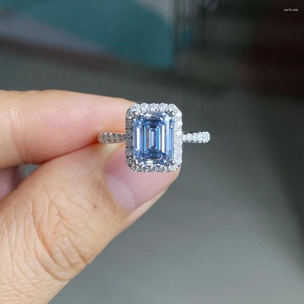 Anelli a grappolo design 18K bianco solido oro solido 3 s Emerald Cut Blue Lab Lab Moissanite Diamond Engagement Anello nuziale