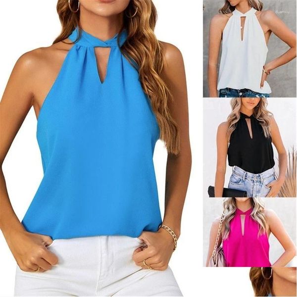 Mulheres Tanques Camis Verão Sem Mangas Auto Gravata Pescoço Halter Top Cor Sólida Oco Out Keyhole Casual Blusas Soltas Colete Drop Delivery A Ot3Ic