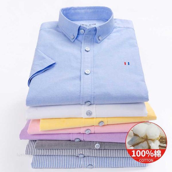 Camicia Oxford Spun a maniche corte in puro cotone da uomo a righe bianche, vestibilità slim, senza lavaggio con stiratura