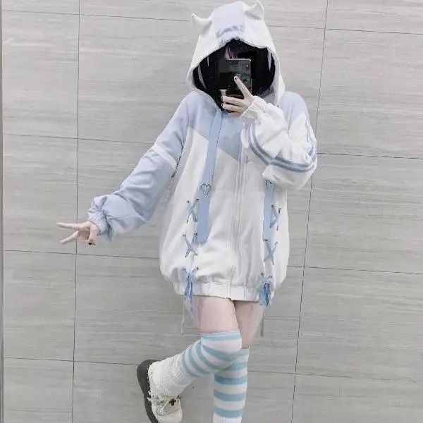 Harajuku Outdoor Vestuário Strap Japonês Mulheres Zipper Hoodie Aqua Casual Moda Plus Size Kawaii Top 231225