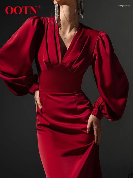 Casual Kleider Elegante Grüne Hohe Taille Trompete Sexy V-ausschnitt, Figurbetontes Partykleid Herbst Mittelkalb Langarm Für Frauen 2023