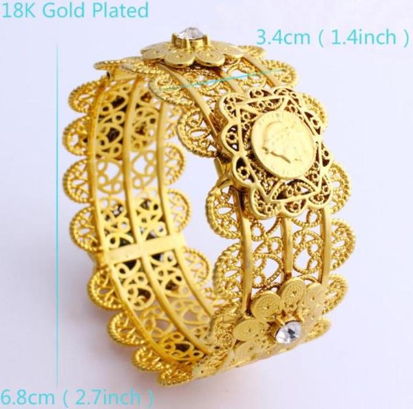 Novo luxo feminino grande pulseira larga esculpir thai baht cabeça retrato moeda 22 k fino ouro sólido gf dubai jóias pulseiras abertas com cz k5319724