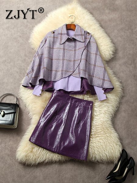 Zjyt manto xadrez tweed jaqueta de malha superior saia terno elegante inverno vestido couro define 2 peça para mulher roupa festa senhora 231225