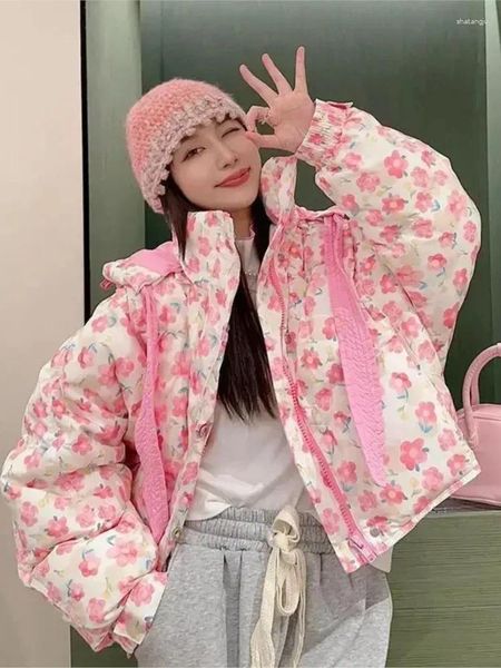 Damengrabenmäntel rosa Blumen -Winterparka -Mantel mit Kapuze, verdickte warme Mode -Baumwolljacke koreanischer Stil locker gesteppt