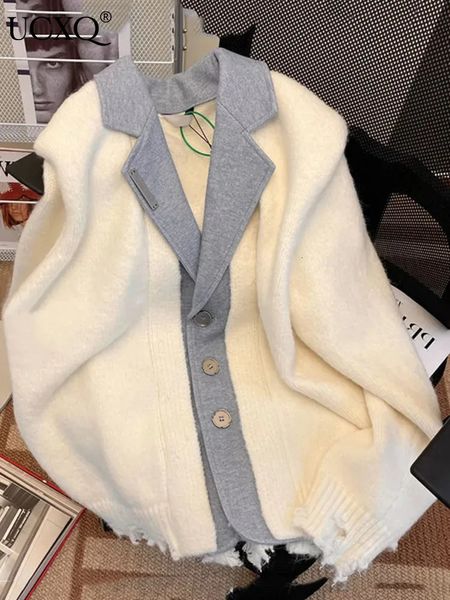 UCXQ Cappotto cardigan con nappe con orlo ritagliato Donna Bianco Grigio Maglione a maniche lunghe a contrasto Giacca calda 2023 Autunno Inverno 23A5095 231225