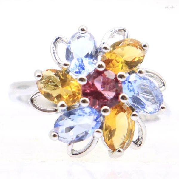 Ringos de cluster 16x16mm Flores coloridas moldam citrina dourada rica em violeta tanzanita turmalina rosa para fêmeas Dating Gift Silver