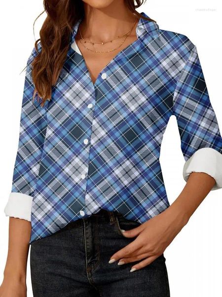 Blouses feminina Blue Blue Office Mulheres Camisa xadrez 2023 Cirtas de manga longa de colarinho viradas