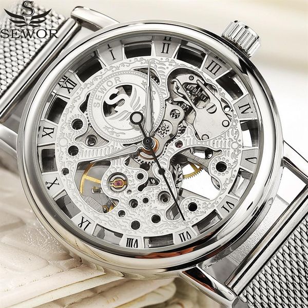 Sewor Mechanical Watch Silver Fashion Edelstahl Mesh Gurt Männer Skelett Uhren Top Marke Luxus männliche Armbanduhr J190706324x