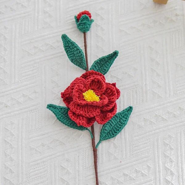 Dekoratif Çiçekler 1 PC DIY Camellia Şube El Sanatları Hediye Ev Dekor Tığ işi Çiçek Örme El örtüsü