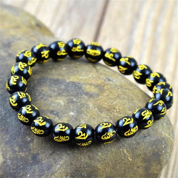 Strand Natural Black Agate Stone Bracelets Elastic Buda Provérbios Amulet Bracelet Lucky for Woman Man's Acessórios Presentes de joias