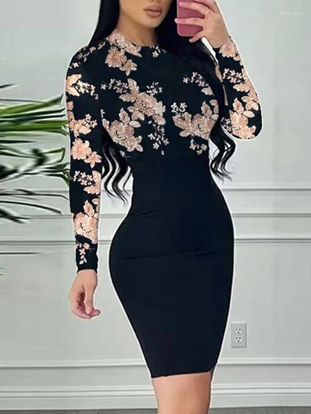 Vestidos casuais retalhos impressão femme apertado magro ajuste vestido em torno do pescoço verão manga longa chique mulheres joelho-comprimento vestido