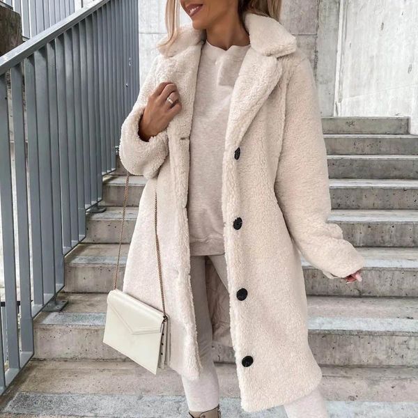 Jackets femininos feminino Women Winter Faux Pur Button Coat Warm Logo Teddy Fuzzy Fleece Sherpa Manga longa roupas de lapela com bolso com bolso