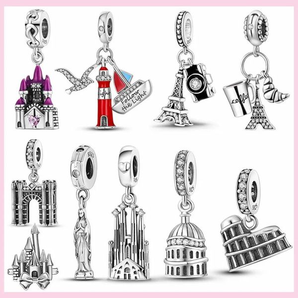 Charms 925 Sterling Silber Dangle Charme Frauen Perlen Hochwertige Schmuck Geschenkgroßhandel Schloss Eisen Tower Gebäude Charme Lighthouse Perle