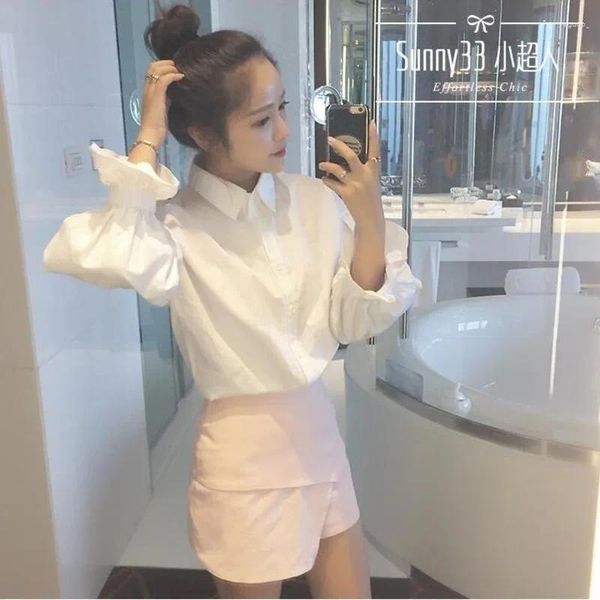 Camicette da donna camicetta estiva autunnale in stile coreano in stile college riducendo la manica a bolle camicia bianca sciolta