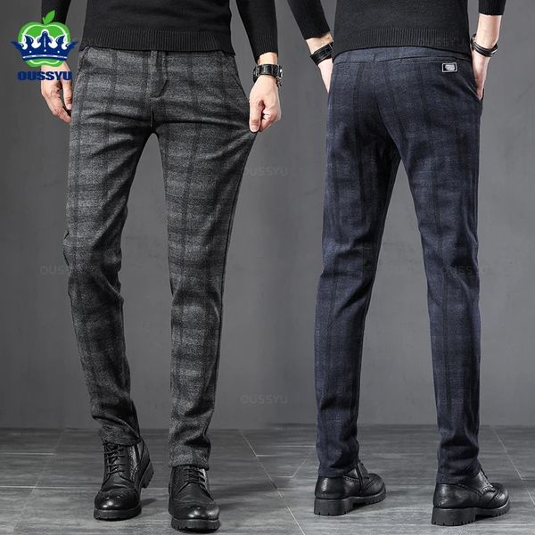 Herbst Winter England Plaid Arbeit Stretch Hosen Männer Business Fashion Slim Dicke Blue Casual Pant männliche Brandhose 38 231222