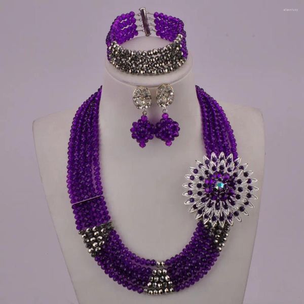Halskette Ohrringe Set schöne lila nigerianische Hochzeit afrikanische Perlen Schmuckkristallkostüm 5c-SSJ-02