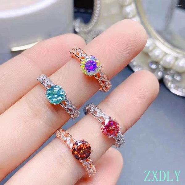 Anel de prata feminino de toca de cluster com diferente moissanita colorida 925 Sterling 1ct Gemstone Wedding Party Gift Pink Blue Green Red