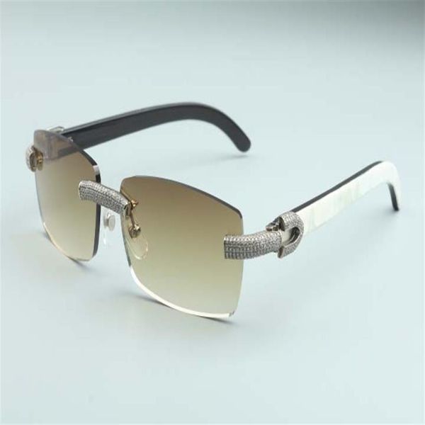 Quadratische Gläser, Mikropavé-Diamanten, Sonnenbrille, weiße und schwarze Hybrid-Bügel aus natürlichem Büffelhorn, M-3524012-c, für Unisex, Größe 254 M