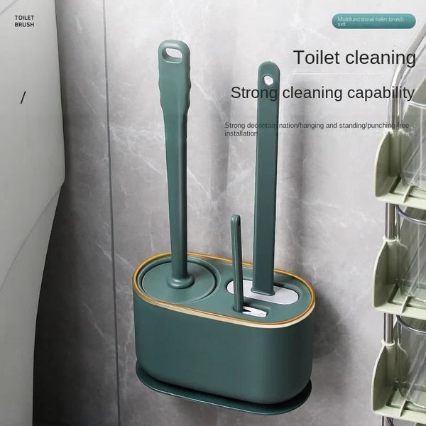 Escova de vaso sanitário sem silicone montada na parede, ferramentas de limpeza multifuncionais de três peças com suporte para casa, banheiro, conjuntos de acessórios 231225