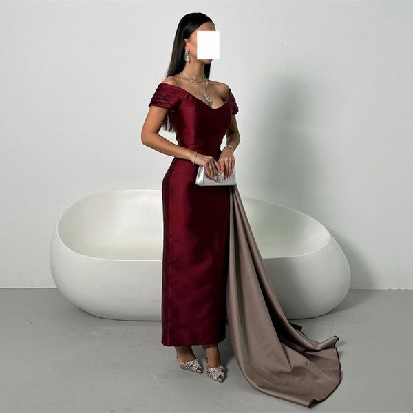 Elegante longo borgonha com decote em v vestidos de baile de cetim com trem lateral sereia fora do ombro pregas vestido de festa maxi vestidos de noite formais para mulheres