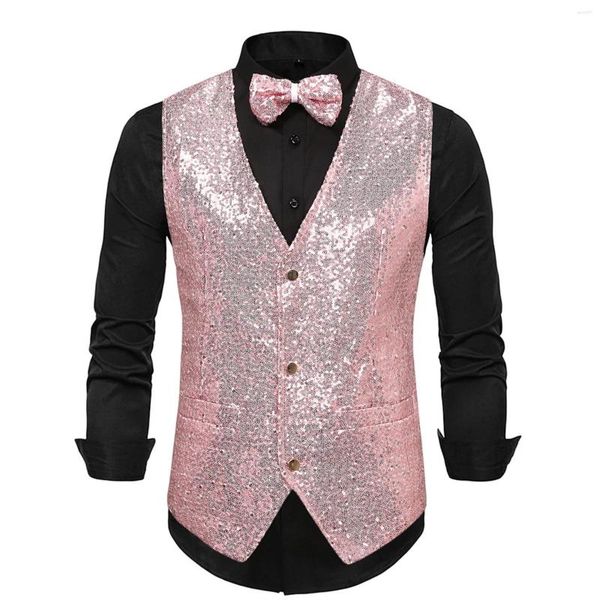 Herren Torten Pink Glitter Pailletten Anzug Vest mit Bowknot Bindungen Mode Slim Fit Business Hochzeitshülse Tank Herren Weste Coat