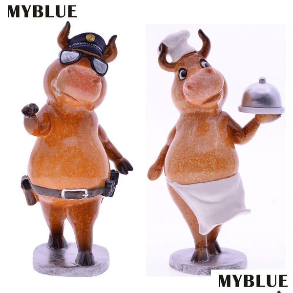 Objetos Decorativos Estatuetas Myblue Kawaii Ano BL Resina Policial Chef Zodíaco Gado Estátua Nordic Home Room Decoração Acessórios Dhxi1