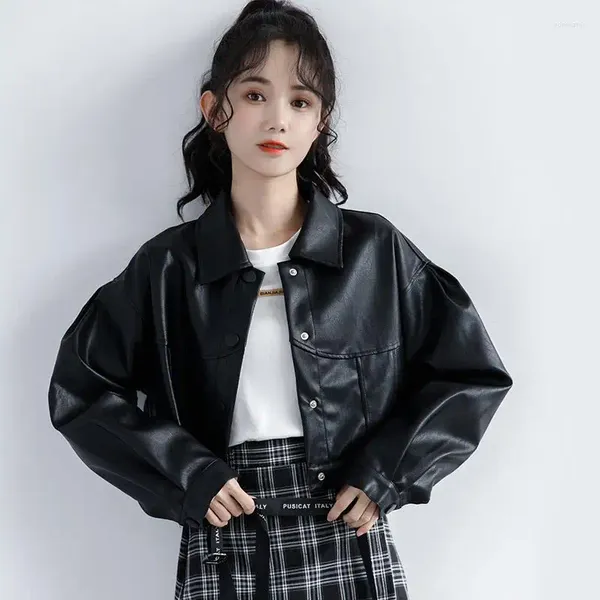 Damenjacken Dayifun 2023 Herbst Pu Leder Jacke Lady Hong Kong Style Kurzer schwarzer Mantel Lose hübsche Frühling Casual Tops