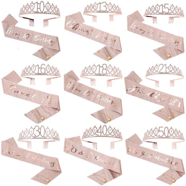 Fascia per diadema di compleanno in oro rosa per donna Corona di cristallo glitterata Set 18 21 30 40 Decorazione per il cinquantesimo regalo di favore 231225