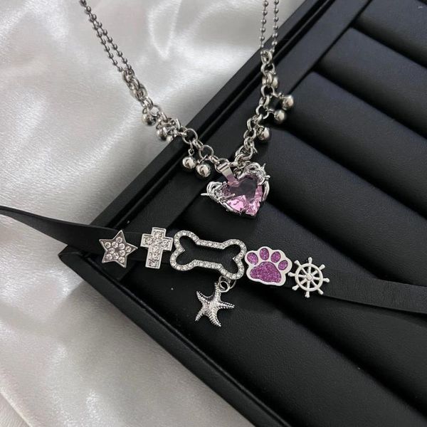 Подвесные ожерелья egirl y2k harajuku розовые стразы Piach Love Heart Ожерелье для женщин Kpop сладкая звезда кросс -коша