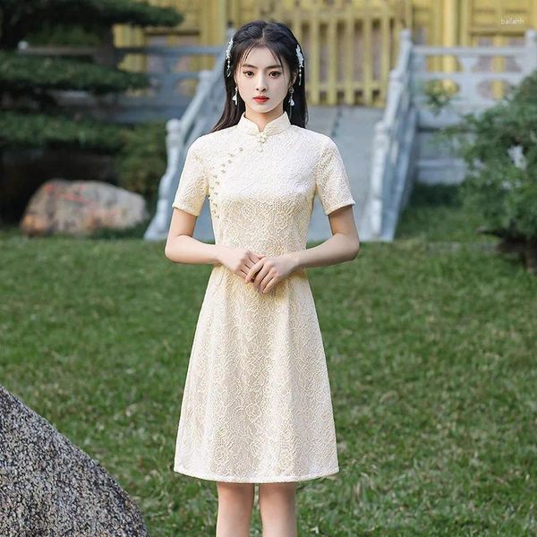 Ethnische Kleidung elegante traditionelle Mandarinkragen Rose Perlen Chiffon Qipao Sommer Kurzärmele A-Line Cheongsam Retro Chinesische Frauen