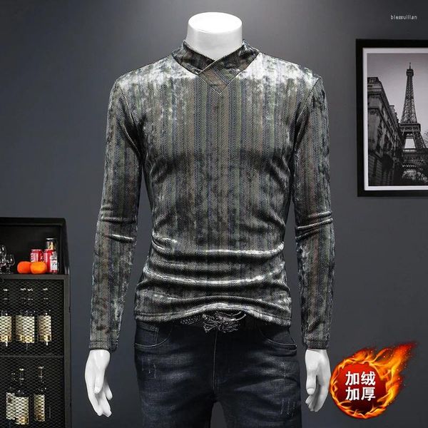 Herren -T -Shirts Winter Dicker warmes Rollkragenpullover Hemd für Männer Langarmes Freizeit -Mode -Top -Qualität Velevt Glattes Vintage Striped Camisetas