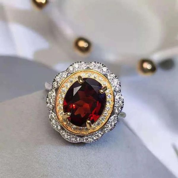 Stones Garnet Ring Natural S925 Silver Plated 18K Gold Geométrico Detecção de Flores Ekh3