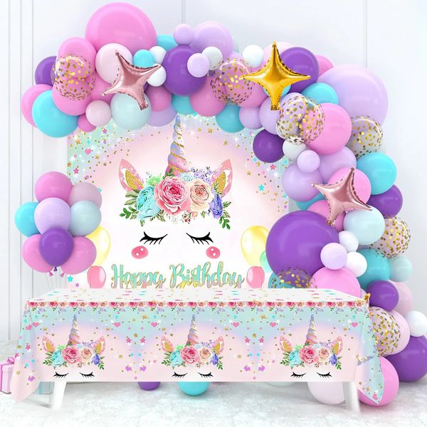 Arco-íris unicórnio pano de fundo balão arco guirlanda kit festa de aniversário decoração crianças confetes balões decorações 231225