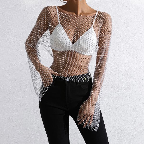 Sexy Damen Flash Diamond Tops durch weibliche Fischnetz -Crop -Top -Mesh Y2K Style Long Sleeve Round Hals für Urlaub 231222