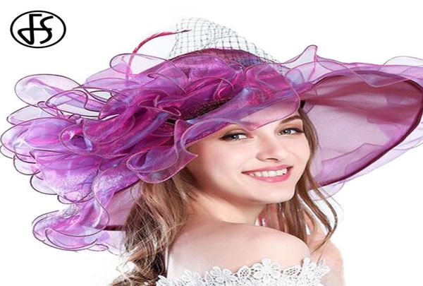 Vendo cappelli grandi viola rossi per le donne Summer Beach Fedora a tesa larga eleganti cappelli da chiesa fiore Kentucky Derby grande cappello da sole signore Y2008693199