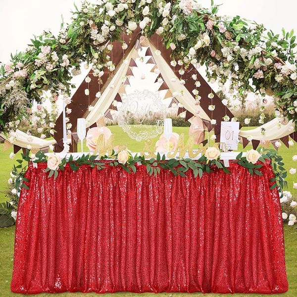 14ft saia de mesa vermelha lantejoulas retângulo quadrado redondo glitter toalha de mesa para festa de casamento jantar chá de bebê decoração de natal 231225