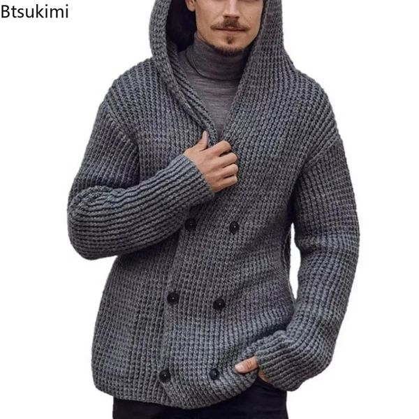 2024 Cardigan doppio petto da uomo con cappuccio maglione solido Autunno Inverno manica lunga giacca in maglia cappotto da uomo 231225