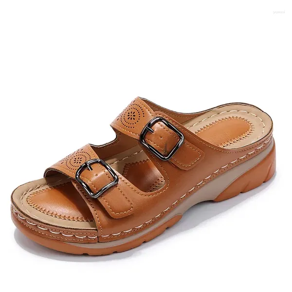 Flipers Mulheres Aberto do dedo do pé de verão Sapatos 2024 Double Buckle Wedge Sandals Plus Size Size Platform Casual Home Slides