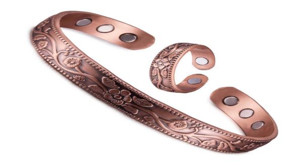 Conjunto de joias de cobre puro magnético ajustável pulseira anel vintage flor saúde energia artrite conjunto de joias para mulheres homens 2107208807170