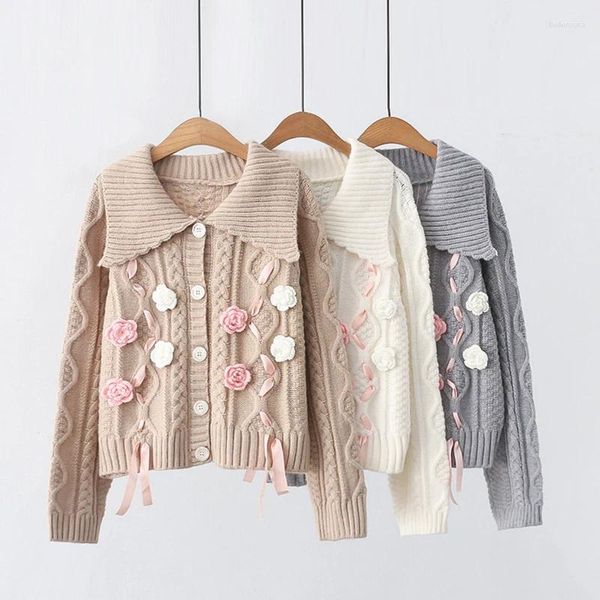 Frauen Strick Herbst Winter Frauen süße dreidimensionale Blumen Single Breasted Pullover grau Beige Farbe Weich warmes Strickjacken U362