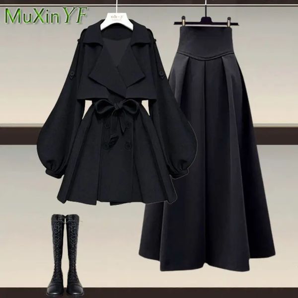 Feminino 2023 outono inverno moda cintura jaqueta midi saia duas peças terno coreano elegante solto casaco vestido conjunto de correspondência 231225