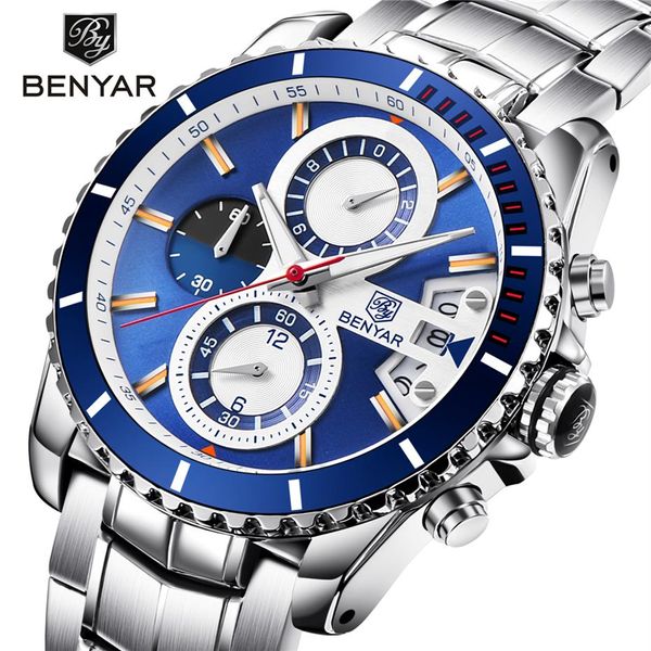 Benyar Fashion Business Dress Dress Mens Watches Top Brand Brand Luxury Chronograph Full Watert Proof Quartz Clock Support Drop279L